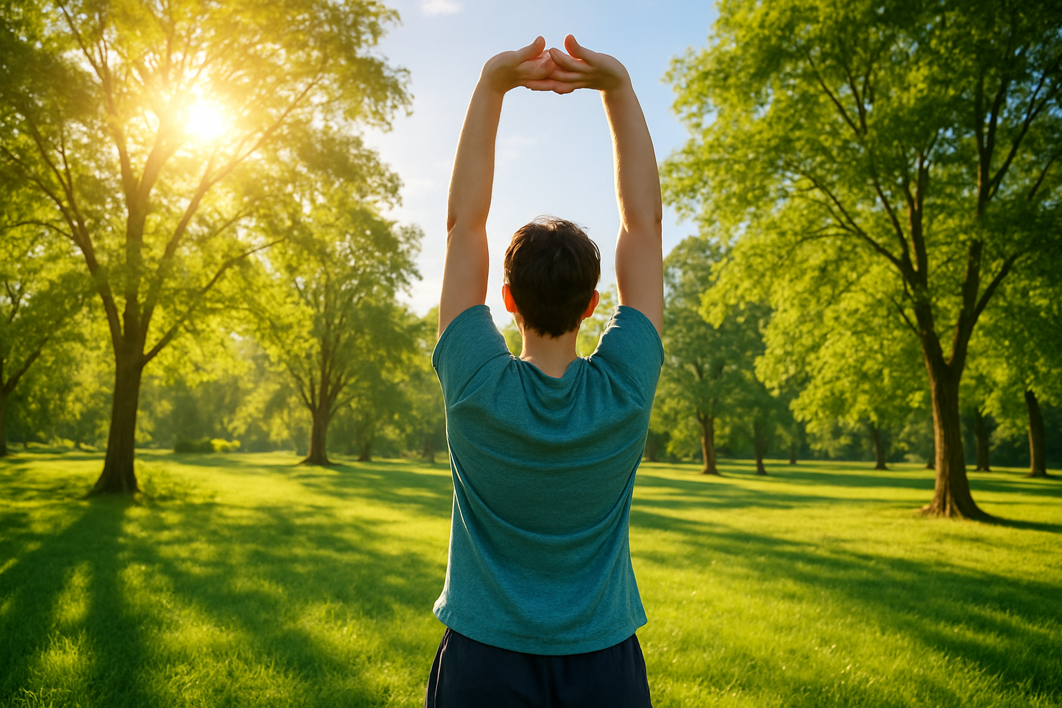 A person stretching with arms up in a sunny day at the park